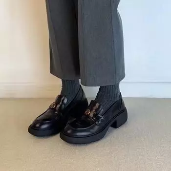 Sheepskin~ Camellia gold buckle retro one-pedal lazy women s leather thick heel thick-soled British small leather shoes 35