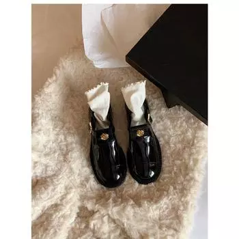 Sheepskin~ Camellia Mary Jane Shoes Women s Round Head Thick Heel Leather Thick-soled Gold Buckle with Skirt Small Leather Shoes 34