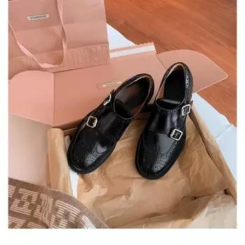 Sheepskin~ Carved Brock British Academy Style Small Leather Shoes Women s Leather Thick-soled Lazy One Pedal 35