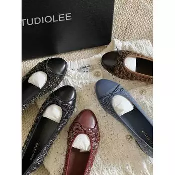 Sheepskin classic splicing round head ballet flats bow low heel light mouth single shoes 35