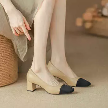 Sheepskin color matching small fragrant style thick heel high heels women s spring and autumn 2024 new French temperament light mouth medium hee 34