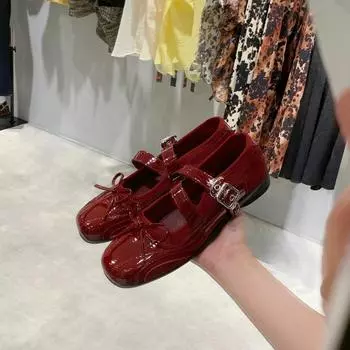 Sheepskin cross-strap Mary Jane shoes women s thick-soled heightened one-word buckle with shallow bow single shoes 35