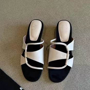 Sheepskin design sense round head hollow open-toed wedge sandals drag women s summer wear one-word thick-soled cool slippers 35