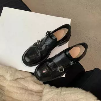 Sheepskin~ Double-button genuine leather British small leather shoes for women lazy people with one pedal thick-soled Brock engraved single shoes 35