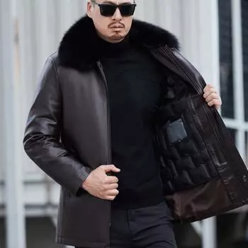 Sheepskin down jacket men s mid-length daddy style removable liner loose genuine leather jacket for men M