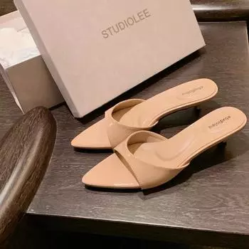 Sheepskin elegant pointed head with open toe height increase leopard print fine heels cool slippers women s summer wear 34