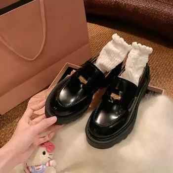 Sheepskin extravagant small gold coins round head small leather shoes thick heel thick sole single shoes one pedal genuine leather with skirt women 35