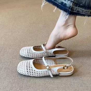 Sheepskin fashionable retro woven hollow breathable bag head sandals women s comfortable word with leather square head shoes 35