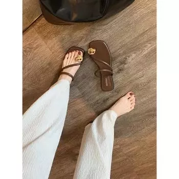 Sheepskin~ Flat-bottomed leather shoes square head with gold buckle toe slippers women s summer sandals 35