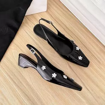 Sheepskin French rhinestone flower bag head sandals women s summer wear gentle one-pedal thick heel square head empty single shoes 35