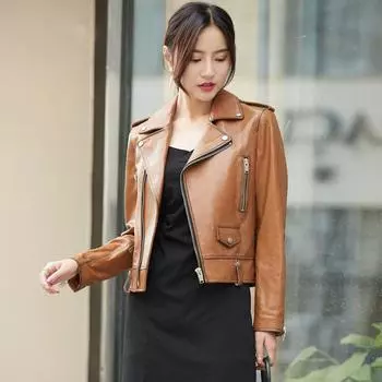Куртка из натуральной овчины, женская, весна-осень, новая, короткая, повседневная, кожаная куртка, одежда для мотоциклистов S