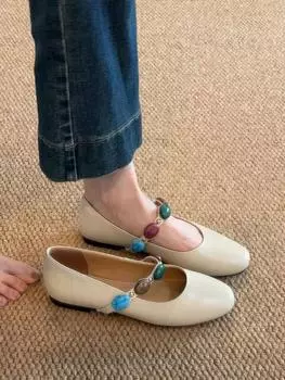 Sheepskin~ Genuine leather retro French light mouth one-word ballet single shoes women s flat Mary Jane small leather shoes 35