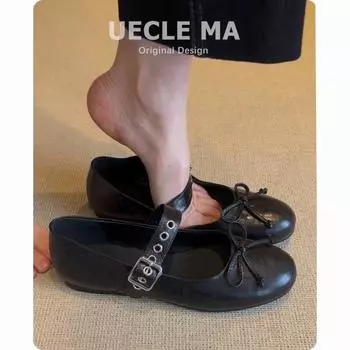 Sheepskin~ Genuine leather single shoes women s versatile flat shoes light mouth ballet shoes bow retro Mary Jane shoes 35