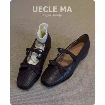 Sheepskin~ Genuine leather single shoes women s thick heels are not tired of high heels, ballet shoes retro bow Mary Jane shoes 35