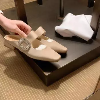 Sheepskin Grape Mom Baotou Slippers Women s Sparkling Diamond Buckle Square Head Low Heel Temperament Muller Half Trail Empty Single Shoes 35