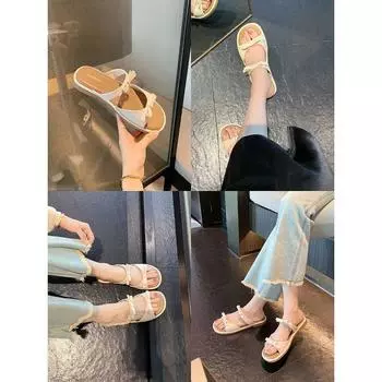 Sheepskin grape mother soft bottom bow open-toed beach versatile casual flat-bottomed slippers women s summer sandals 35