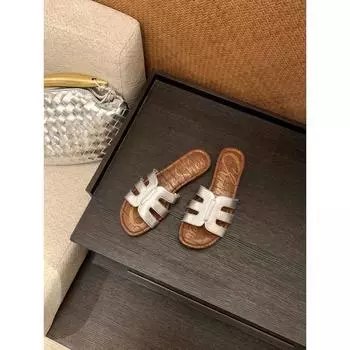 Sheepskin~ h slippers women s genuine leather retro casual beach vacation flat bottom seaside cool slippers outer wear summer 35