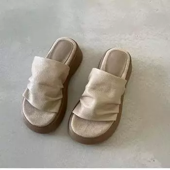 Sheepskin heightened thick-soled slippers women s summer wear fashion and high-end sense beautiful with skirt pleated leather cool slippers 35