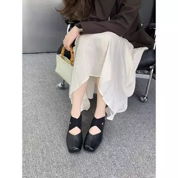 Sheepskin High Heel Single Shoes Women s Vintage Cross Strap Mary Jane Shoes Square Head Pig Nose Thick Heel Ballet Shoes 34