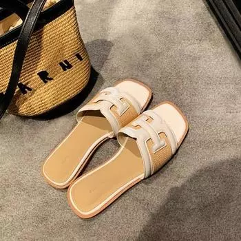 Sheepskin holiday style square head straw slippers women s summer outer wear splicing versatile contrasting color cool slippers 34