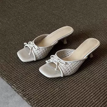 Sheepskin holiday style woven hollow cool slippers versatile bow square head open-toed high-heeled slippers women s summer wear 35