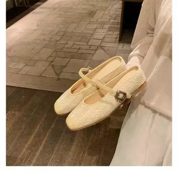 Sheepskin~ inner height increase 5cm slippers women s straw woven square head cool slippers lazy bag head half drag summer outer wear 35