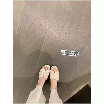 Sheepskin~ Lady dragging holiday wind woven slippers women s summer thick heel leather one-word cool slippers outside 35