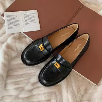 Sheepskin leather retro small gold buckle lazy single shoes one pedal thick heel women s small leather shoes 35