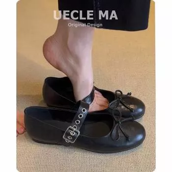 Sheepskin~ Leather shoes French single shoes women s flat bottom new light mouth ballet shoes bow retro Mary Jane shoes 35