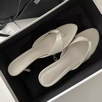 Sheepskin minimalist high-heeled flip-flops women s shoes summer outer wear temperament mid-toe thin-heeled cool slippers vacation style slippers 35