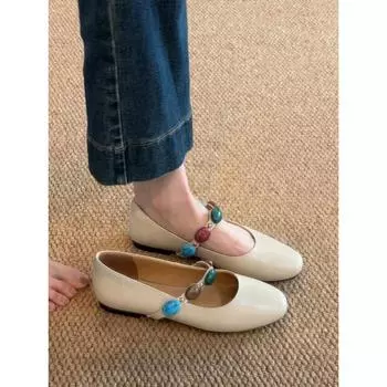 Sheepskin model~ genuine leather retro shallow mouth word with ballet single shoes women s flat commuting Mary Jane small leather shoes 35