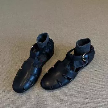 Sheepskin niche design hollow woven bag head sandals women s retro flat-bottomed casual soft-soled pig cage shoes 35