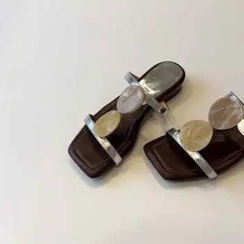 Sheepskin niche thick-heeled slippers women s wear square head temperament high heels beach cool slippers 35