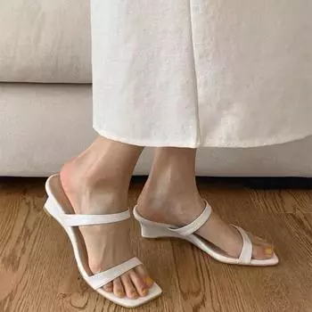 Sheepskin~ Niche wedge heel with slippers, women s summer thick heel simple leather square head open toe wear cool slippers 35