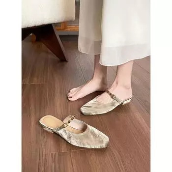 Sheepskin~ no heel square head shoes bag head cool slippers women s summer wear thick heel half slippers square head single shoes 35 standard yardage