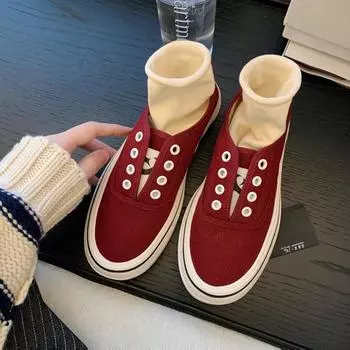 Sheepskin one-pedal round head muffin thick-soled versatile board shoes canvas shoes spring and autumn color matching casual shoes 35