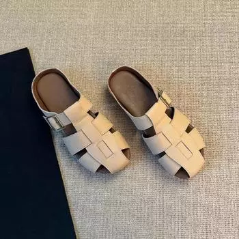 Sheepskin one-pedal women s outer wear hollow slippers women s breathable leather thick-soled beach toe shoes 35
