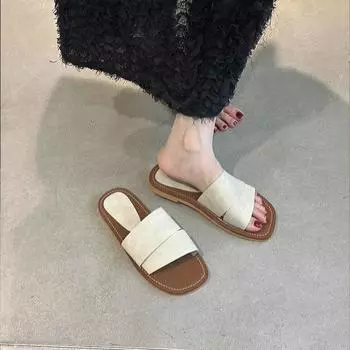 Sheepskin one-word slippers women s summer wear with skirt temperament soft leather flat-bottomed cool slippers 35