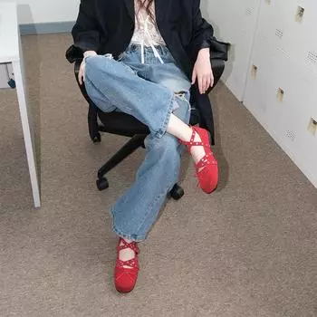 Sheepskin red bow Mary Jane shoes women s leather retro shallow mouth rivet ballet shoes flat bottom shallow mouth single shoes 35