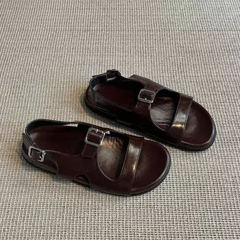 Sheepskin retro belt buckle open-toed sandals women s summer wear versatile beach flat-bottomed cool slippers 35