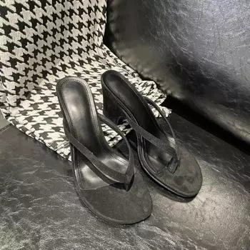 Sheepskin retro high-heeled high-heeled slippers women s summer thick-heeled leather outer flip-flops cool slippers 35