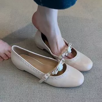 Sheepskin~ Retro leather shoes round head single shoes women s word with bow flower shallow mouth Mary Jane shoes 35