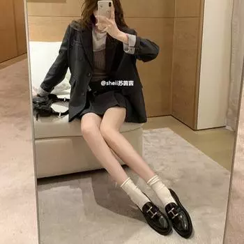 Sheepskin retro small gold buckle, genuine leather thick sole increases height, lazy people pedal women s small leather shoes with one foot 35