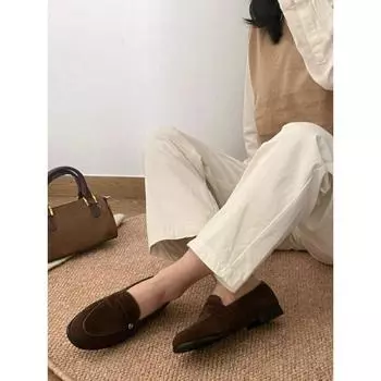 Sheepskin retro small gold buckle genuine leather matte flat bottom female British one-pedal lazy beanie shoes small leather shoes 35