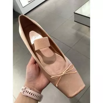 Sheepskin retro square head flat shoes ballet single shoes women s word with bow light mouth Mary Jane shoes 35