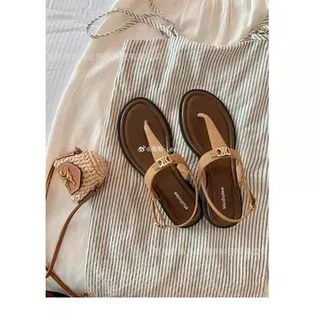 Sheepskin~ Retro T-word with vacation style metal buckle foot sandals women s summer wear herringbone cool slippers 35