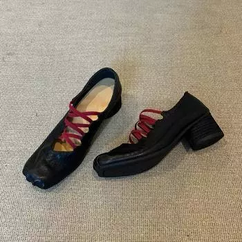 Sheepskin~ Retro thick heel cross with Mary Jane shoes women s single shoes pleated square head pig nose shallow mouth leather shoes 34