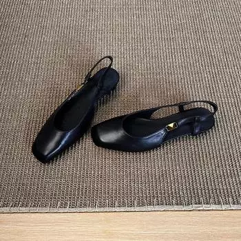 Sheepskin retro versatile black commuter shallow mouth Mary Jane shoes women s single shoes square head leather sandals women s summer wear 35