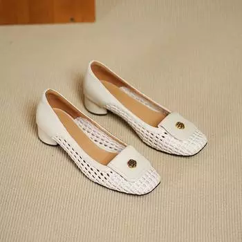 Sheepskin retro woven hollow square head camellia thick heel light mouth single shoes women s white summer sandals women s 34