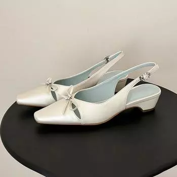 Sheepskin rhinestone bow hollow leather sandals women s square head thick heel summer wear with skirt bag head shoes 35